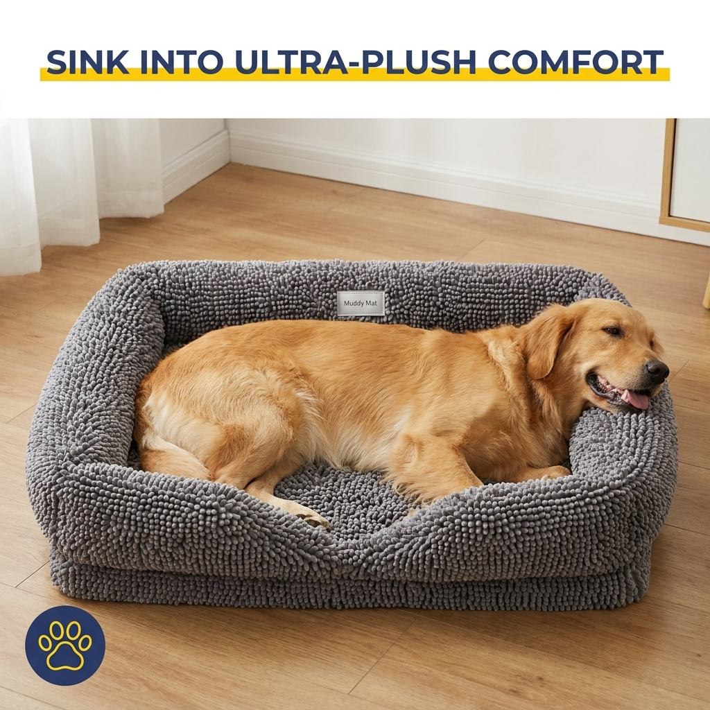 Muddy Mat® Cloud K-9 Rectangle Dog Bed for Dogs & Cats, Chenille Bolster Bed with Foam Support, Machine Washable Removable Cover, Slip Resistant Crate & Couch Bed