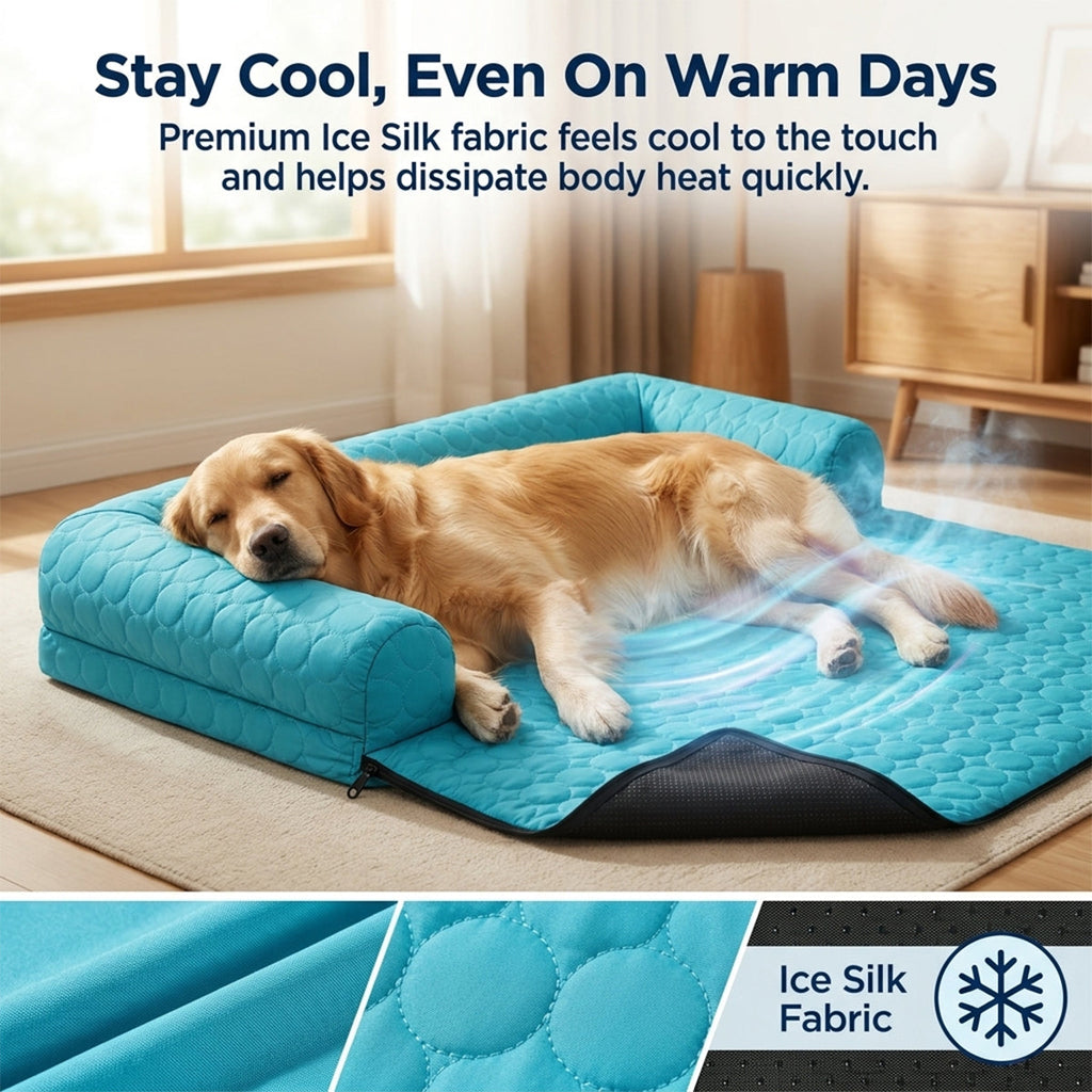 Muddy Mat® Ice Silk Cooling Dog Bed with Orthopedic Memory Foam & Bolster Rim, Self-Cooling Breathable Pet Sofa Bed, Extra-Wide Sofa Protection, Non-Slip, Detachable & Machine Washable