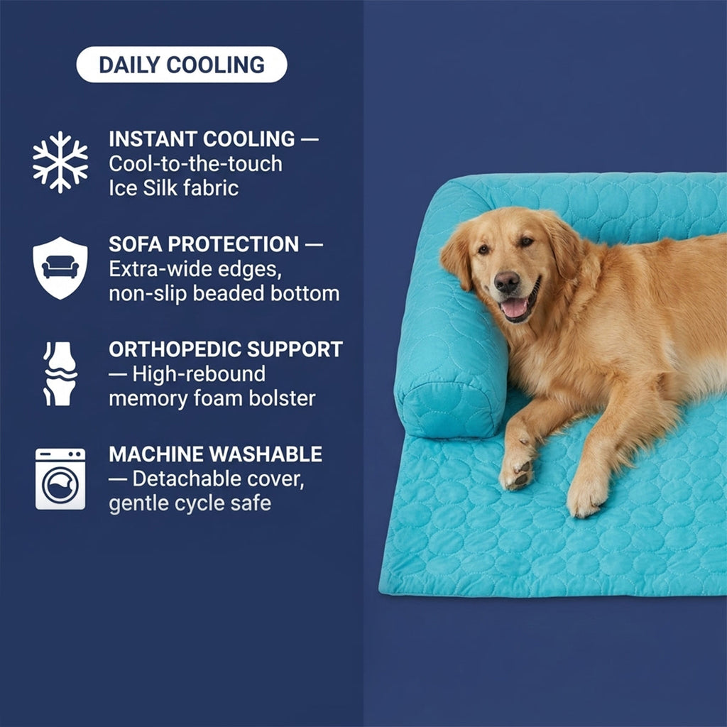Muddy Mat® Ice Silk Cooling Dog Bed with Orthopedic Memory Foam & Bolster Rim, Self-Cooling Breathable Pet Sofa Bed, Extra-Wide Sofa Protection, Non-Slip, Detachable & Machine Washable
