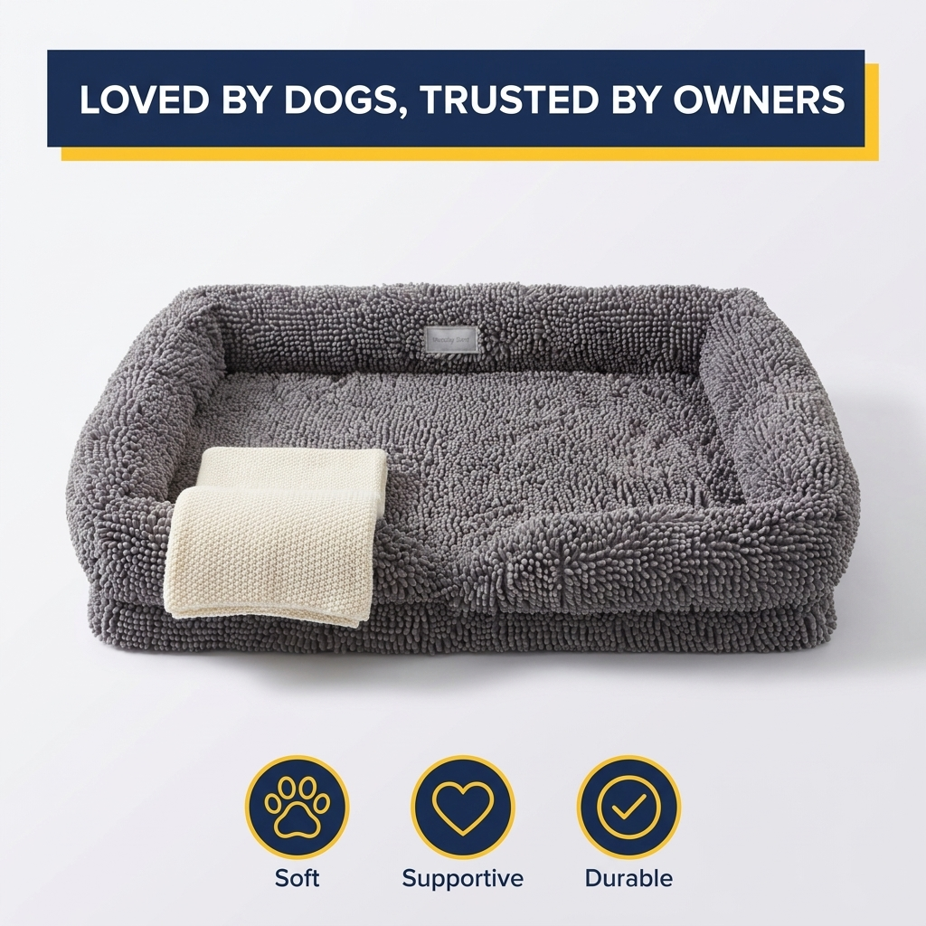 Muddy Mat® Cloud K-9 Rectangle Dog Bed for Dogs & Cats, Chenille Bolster Bed with Foam Support, Machine Washable Removable Cover, Slip Resistant Crate & Couch Bed