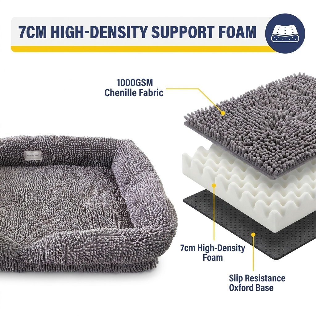 Muddy Mat® Cloud K-9 Rectangle Dog Bed for Dogs & Cats, Chenille Bolster Bed with Foam Support, Machine Washable Removable Cover, Slip Resistant Crate & Couch Bed