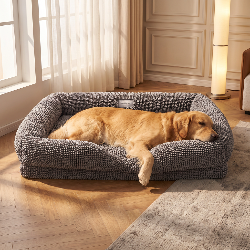 Muddy Mat® Cloud K-9 Rectangle Dog Bed for Dogs & Cats, Chenille Bolster Bed with Foam Support, Machine Washable Removable Cover, Slip Resistant Crate & Couch Bed