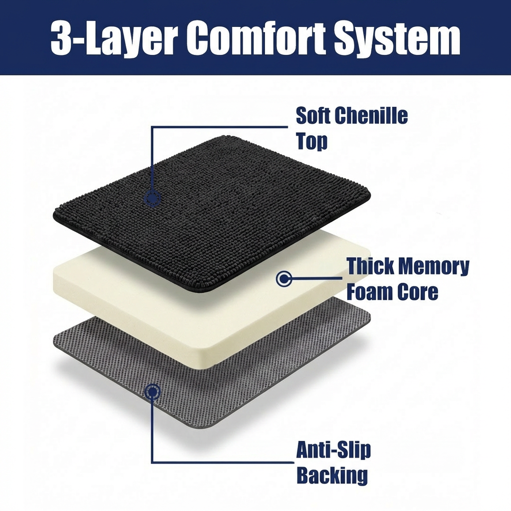 Muddy Mat® CloudStep Bathroom Rugs, Non Slip Bath Mats for Bathroom, Super Absorbent Memory Foam Chenille, Quick Dry Machine Washable Thick Toilet Rug for Shower Tub and Floor