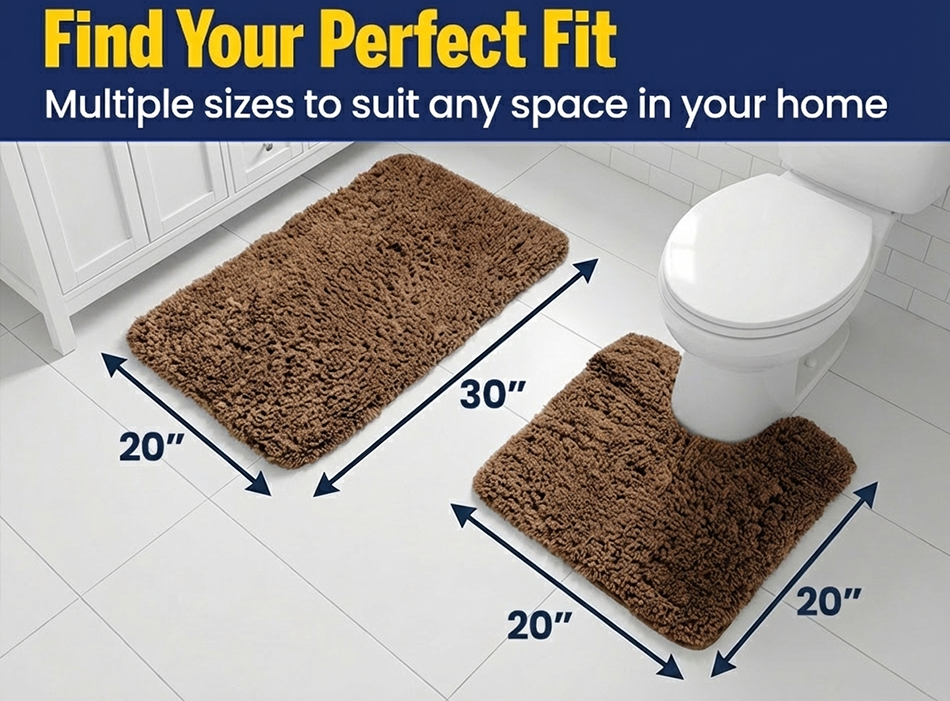 Muddy Mat® Fluffy Bathroom Rugs 2 Piece Set, Soft Absorbent Microfiber Bath Mats, Non Slip, Quick Dry, Machine Washable for Floor, Tub, Shower & Toilet, 20"x30" + 20"x20" U-Shaped