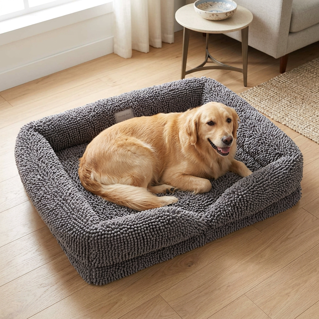Muddy Mat® Cloud K-9 Rectangle Dog Bed for Dogs & Cats, Chenille Bolster Bed with Foam Support, Machine Washable Removable Cover, Slip Resistant Crate & Couch Bed
