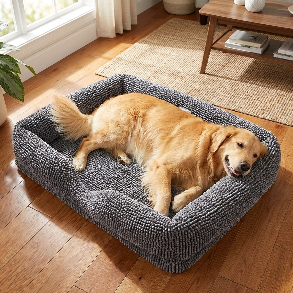 Muddy Mat® Cloud K-9 Rectangle Dog Bed for Dogs & Cats, Chenille Bolster Bed with Foam Support, Machine Washable Removable Cover, Slip Resistant Crate & Couch Bed
